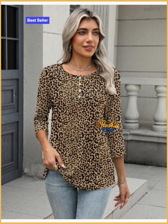 3/4 Sleeve Tunic Top, Crew Neck, Loose Fit, Polyester Spandex Blend - Picture 4 of 7